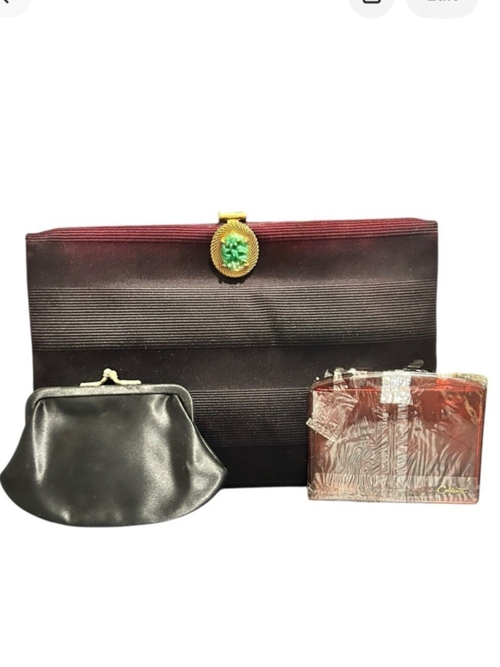 Vintage Coblentz Original Satin Clutch Jade Clasp Coin Purse Mirror EC 1950’s
